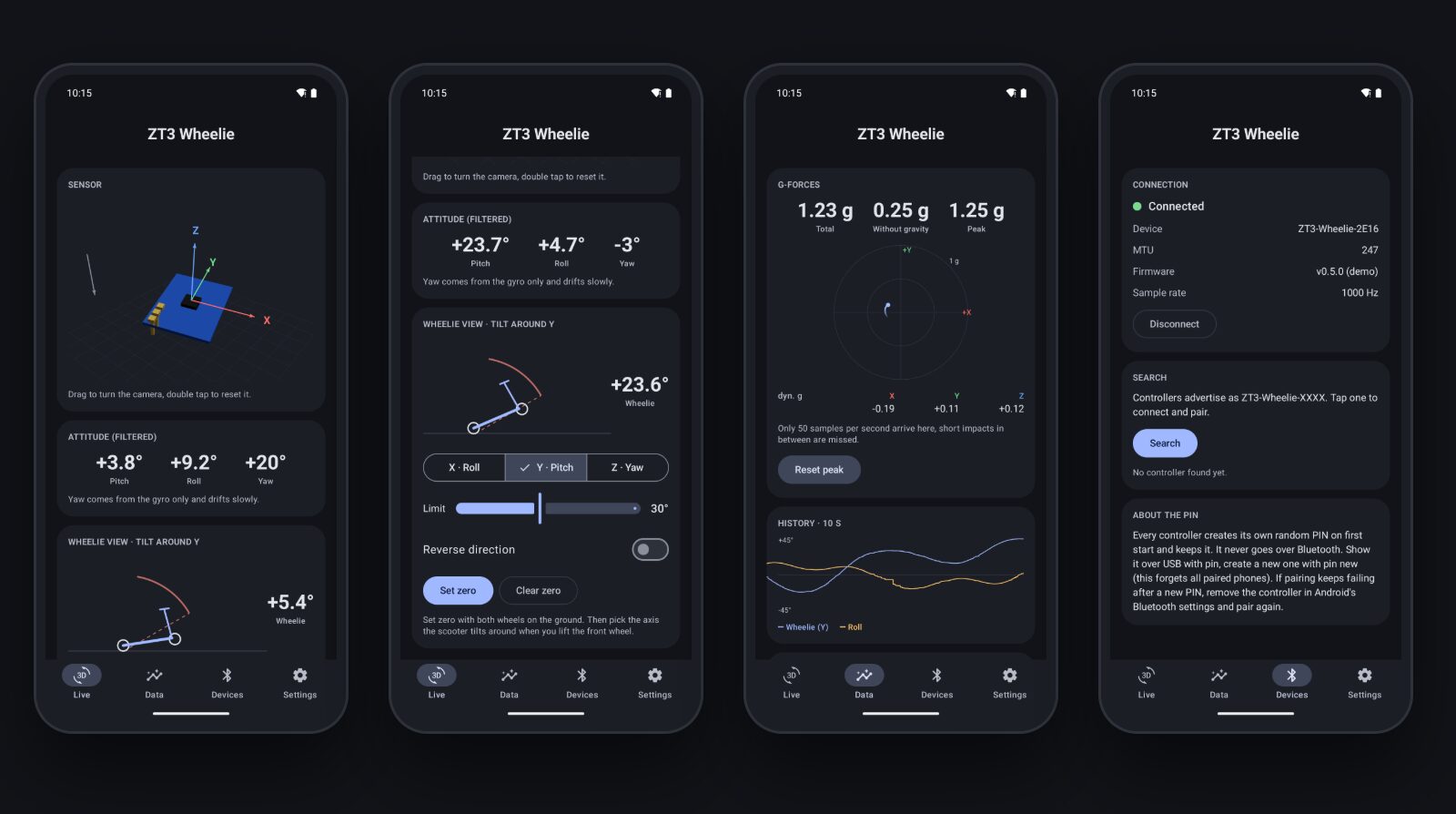 Four screens in demo mode: the 3D sensor view with attitude, the wheelie view with axis choice and limit, g-forces with history, and the device screen with the connection
